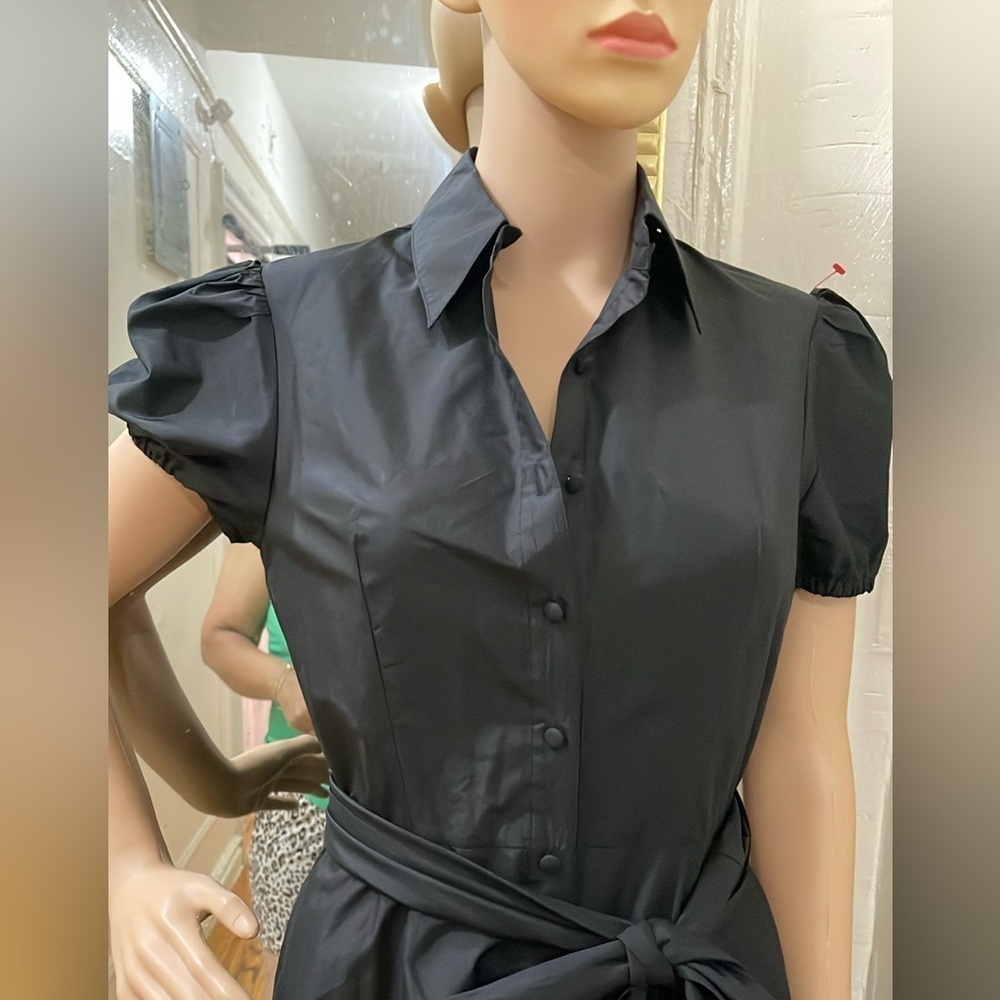 BCBGMaxAzria Black A-Line Peplum Dress with Puff Sleeves - Picture 8 of 16